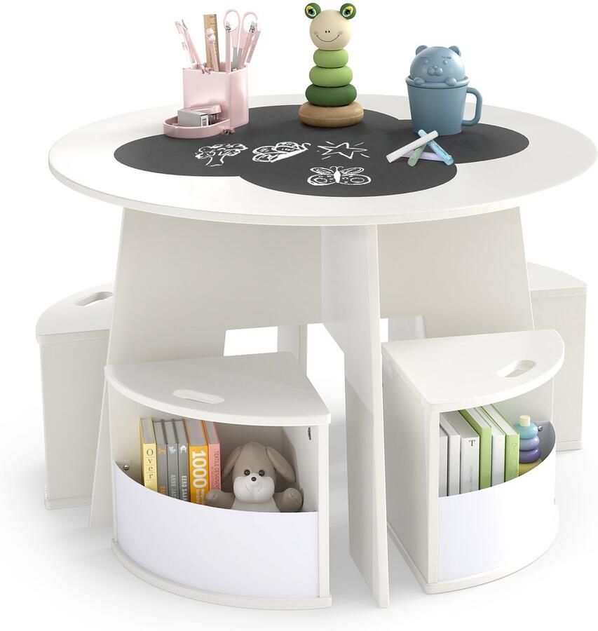 Costway Kindertafel en Stoelset rond 5-delige houten kinderzitgroep met 4 opbergkrukjes & krijtbord tafelblad kleurtafel voor kinderkamer zitgroep voor kinderen vanaf 3 jaar (wit)