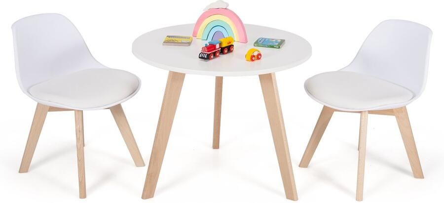 Costway Kindertafel met 2 stoelen 3-delig. Kinderzitgroep met ronde tafel en 2 gevoerde stoelen activiteitentafel speeltafelset van beukenhout om te tekenen eten voor peuters van 3-8 jaar