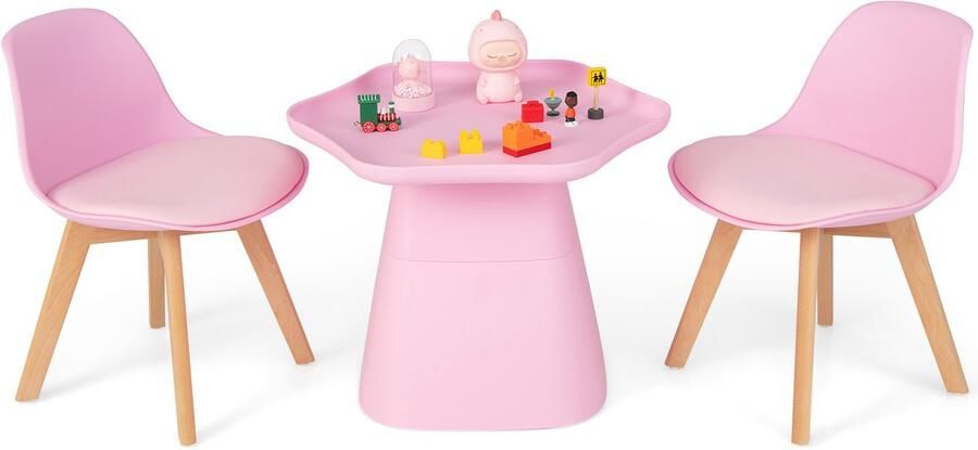 COSTWAY Kindertafel met 2 stoelen 3-delig. Kinderzitgroep van beukenhout kinderzitset met concave tafelblad en gevoerde zitting kindermeubel voor kinderen van 3 tot 8 jaar