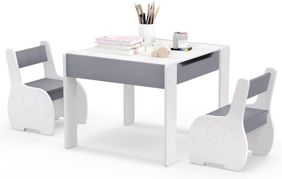 Costway Kindertafel met 2 stoelen 3-delige houten kinderzitgroep met omkeerbaar en afneembaar tafelblad kinderschildertafel met opbergruimte kindermeubelzitgroep voor vanaf 3 jaar (lichtgrijs)