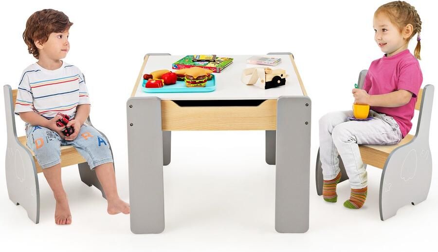 Costway Kindertafel met 2 stoelen 3-delige kinderzitgroep van hout met omkeerbaar en afneembaar tafelblad schildertafel voor kinderen met opbergruimte kindermeubel zitgroep voor kinderen vanaf 3