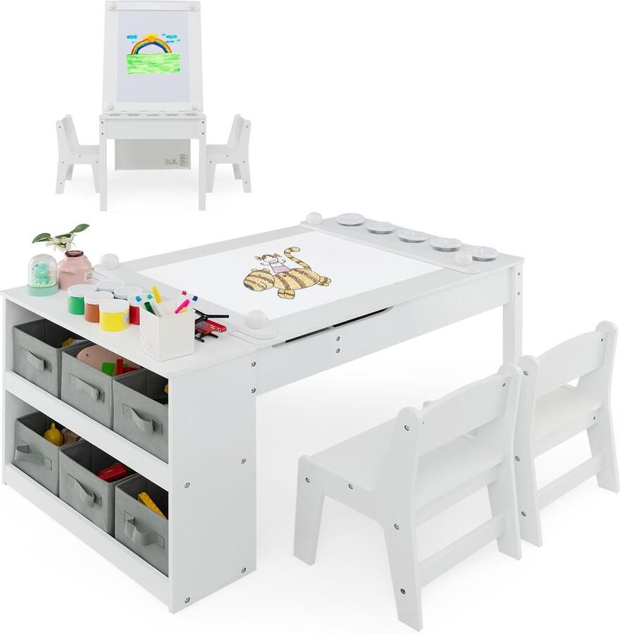 Costway Kindertafel met 2 stoelen 3-in-1 activiteitstafel en schildersezel van hout met optilbaar tafelblad met gekleurde bekers 6 stoffen containers en papierrol kinderzitgroep voor vanaf 3 jaar