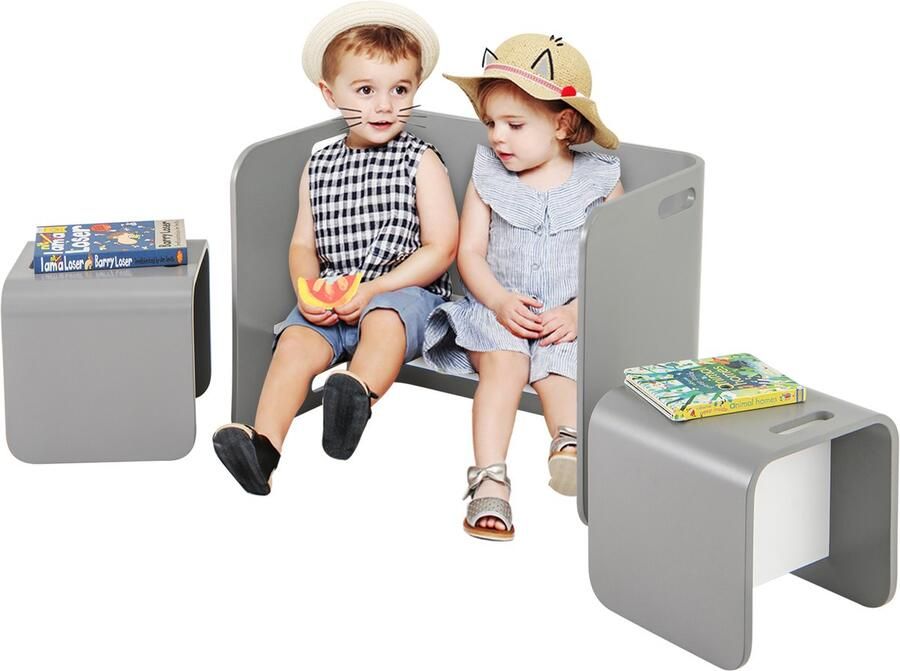 Costway Kindertafel met 2 stoelen berk kinderzitgroep hout ruimtebesparend zitgroep voor kinderen kindermeubels voor kinderkamer kleuterschool (grijs)