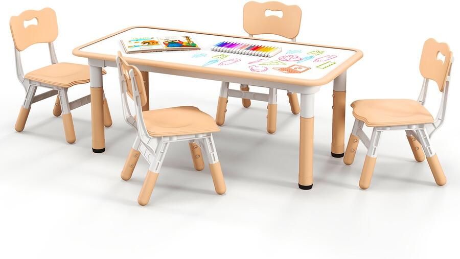 Costway Kindertafel met 4 stoelen kinderzitgroep in hoogte verstelbaar met graffiti-tafelblad kindertafelstoelset Maltafel activiteitstafel voor jongens en meisjes vanaf 18 maanden naturel