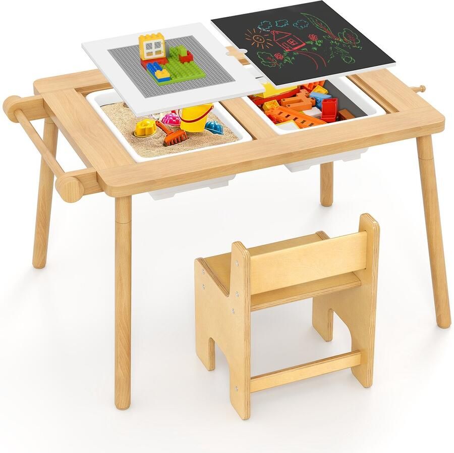 Costway Kindertafel met omkeerbaar tafelblad speeltafel in hoogte verstelbaar van grenenhout sensorische tafel met 2 opvouwbare bakken papierrol en haken activiteitstafel voor kinderen vanaf 2