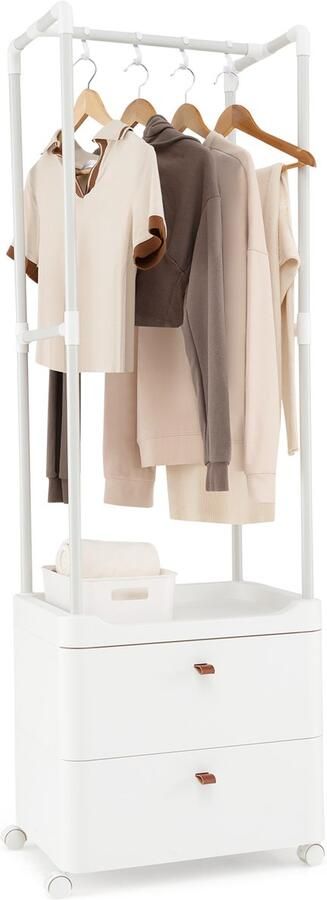 Costway Kledingrek met 2 laden kapstok wit met vergrendelbare wielen mantelhouder met kledingstang legplanken en 4 afneembare haken voor hal slaapkamer 52 x 40 x 161 cm