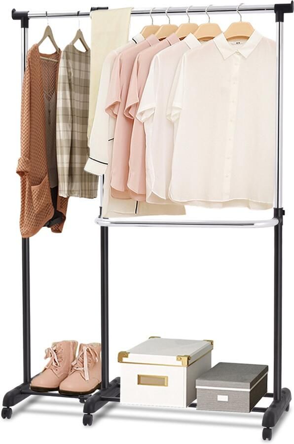 Costway Kledingrek uittrekbaar in hoogte verstelbare garderobewagen kledingstang met 2 enkele stangen kledingwagen mobiele kledingkast op wielen stabiele kapstok (91-160) x 43 x (93-168) cm
