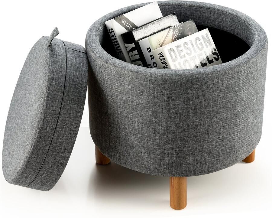 Costway Kruk met opbergruimte ronde voetenbank met afneembaar deksel make-upkruk gevoerd tot 150 kg belastbaar moderne poef voor woonkamer slaapkamer (grijs)