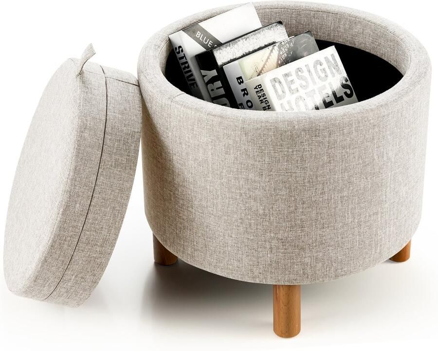 Costway Kruk met opbergruimte ronde voetenbank van fluweel met afneembaar deksel make-upkruk gevoerd tot 150 kg belastbaar moderne poef voor woonkamer slaapkamer (beige)