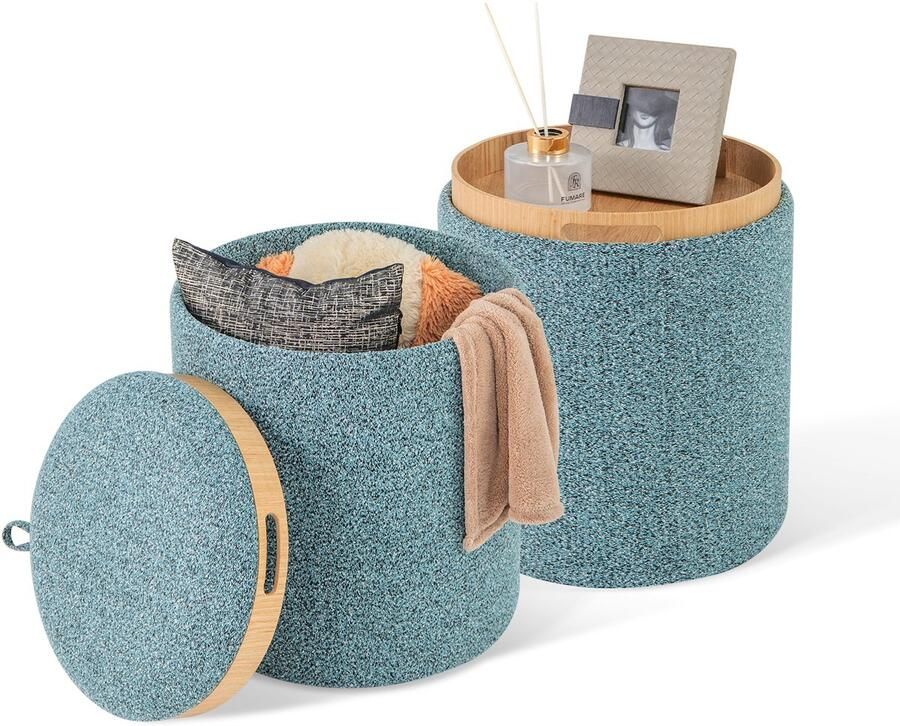 Costway Kruk set van 2 ronde voetenbank met opbergruimte en omkeerbaar deksel make-uptafelkruk gevoerde voetenbank voor woonkamer slaapkamer blauw