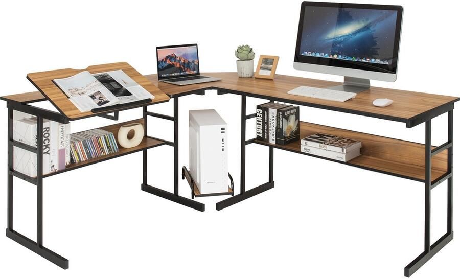Costway L-shaped desk wooden corner desk with tilting table top 2 shelves & CPU stand computer desk for home & office 170 x 150 x 75 cm