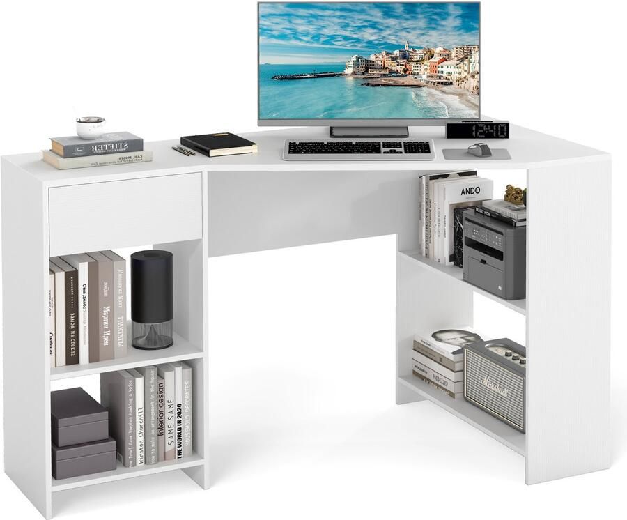 Costway L-vormig bureau hoekbureau met lade en planken moderne computertafel hoektafel voor thuiskantoor wit