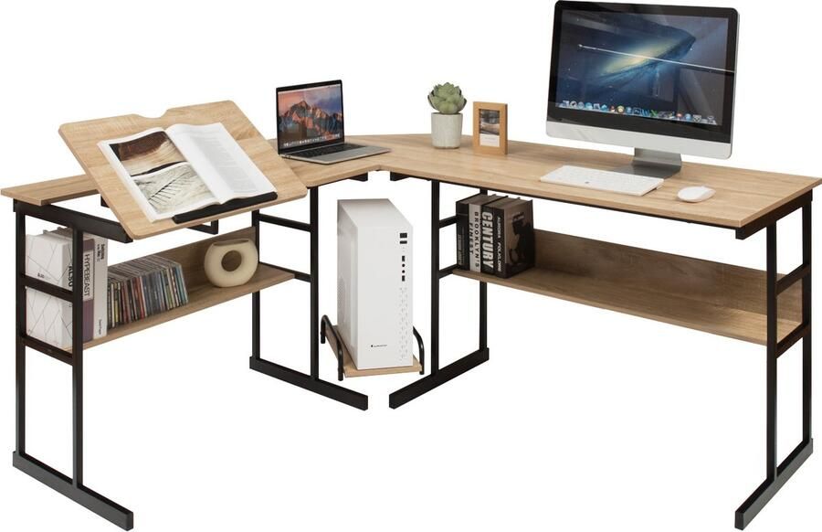 Costway L-vormig bureau hoekbureau van hout met kantelbaar tafelblad 2 planken en CPU-standaard computertafel voor thuis en kantoor 170 x 150 x 75 cm naturel