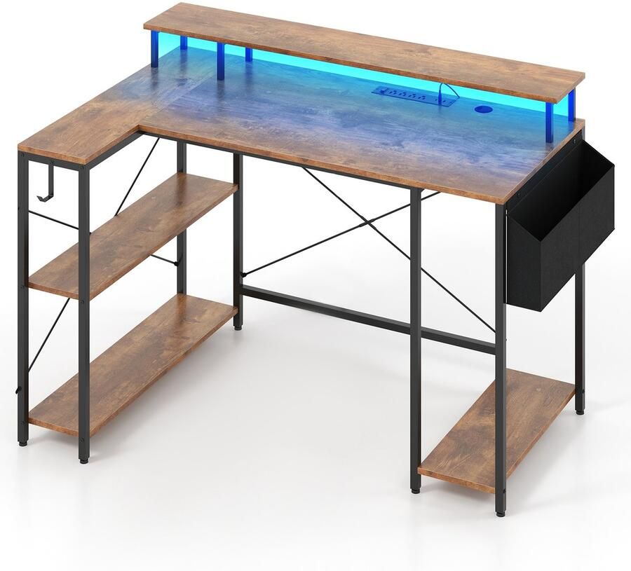 Costway L-vormig bureau met stopcontacten en ledverlichting 120 cm hoekbureau met monitorstandaard planken en opbergtas hoektafel gaming computertafel (rustiek bruin)