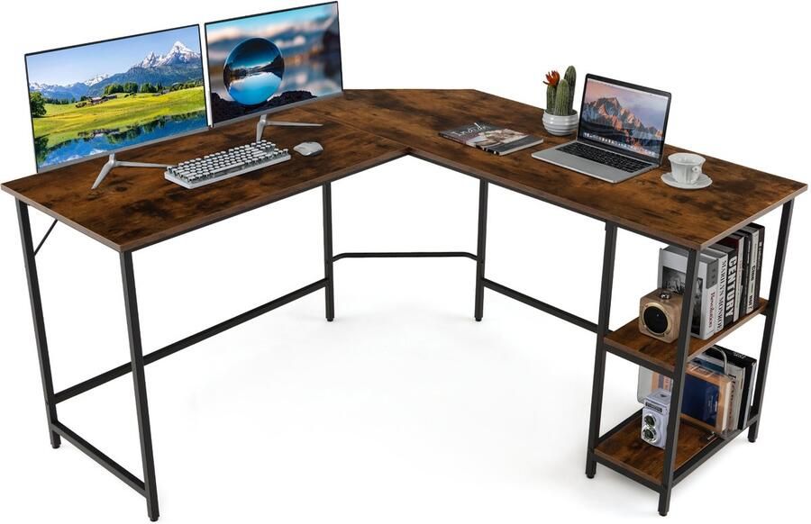 COSTWAY L-vormig Bureau voor thuiskantoor met 2 planken computerbureau met metalen frame & voetsteun hoekbureau voor kantoor slaapkamer en studeerkamer (bruin)