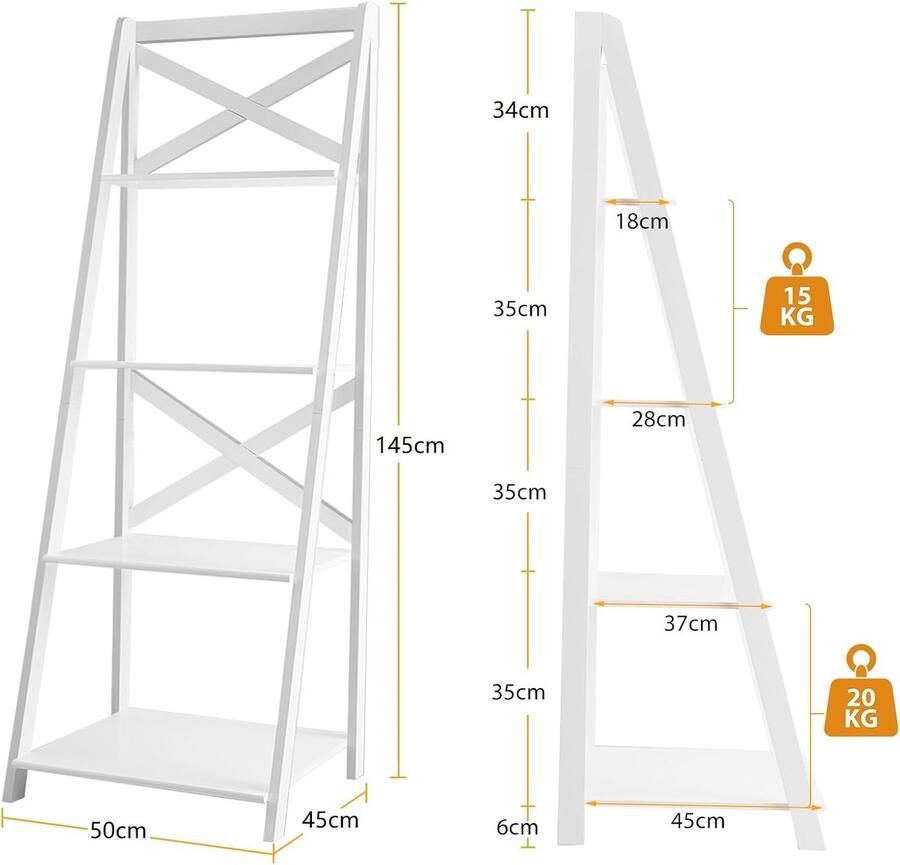 Costway Ladderrek met 4 niveaus boekenkast met X-vormige stang trapvormig rek modern met grote opbergruimte houten rek voor woonkamer slaapkamer keuken 50 x 45 x 145 cm (1 wit)