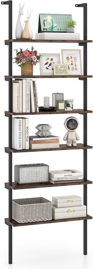 Costway Ladderrek met 6 verdiepingen wandgemonteerde boekenkast met metalen frame open tentoonstellingsrek in industriële stijl voor woonkamer slaapkamer en thuiskantoor (bruin)