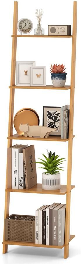 Costway Ladderrek van bamboe boekenkast 5 niveaus smal voor thuiskantoor woonkamer 43 x 35 x 165 cm
