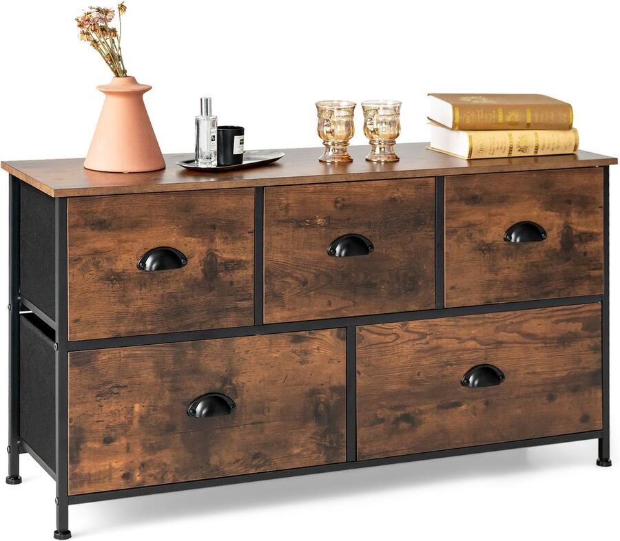 Costway Ladekast met 5 Laden Rustieke Opbergkast met 2 Lagen Verwijderbare en Opvouwbare Stoffen Laden en Stalen Frame Bruin