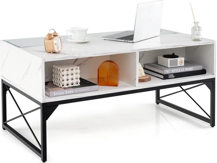 Costway Led-salontafel woonkamertafel marmerlook koffietafel met instelbare lichtkleuren en helderheid afstandsbediening en 4 opbergvakken salontafel voor woonkamer 105 x 55 x 50 cm wit