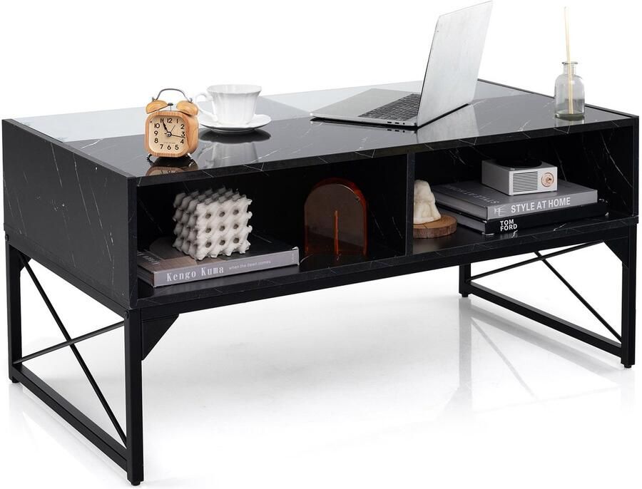 Costway Led-salontafel woonkamertafel marmerlook koffietafel met instelbare lichtkleuren en helderheid afstandsbediening en 4 opbergvakken salontafel voor woonkamer 105 x 55 x 50 cm (zwart)