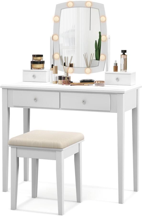 Costway Make-up tafel met 360 graden draaibare verlichte spiegel kaptafel en krukje met 4 opberglades 10 dimbare LED lampen kussen kaptafel set voor kleedkamer slaapkamer