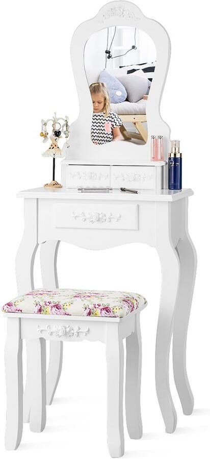 Costway Make-up tafel set met verwijderbare spiegel make-up tafel met gestoffeerde kruk en 3 laden vintage kaptafel make-up dressoir