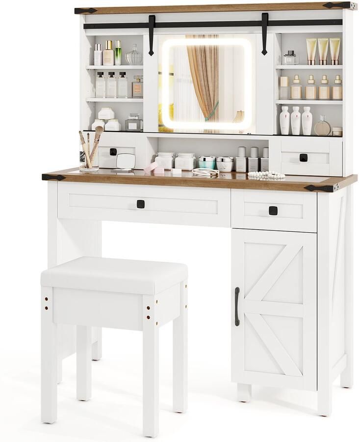 Costway Make-uptafel met ledverlichting 3 kleuren met instelbare helderheid kaptafel met kruk schuifspiegel zijkast laden en verstelbare planken cosmeticatafel wit