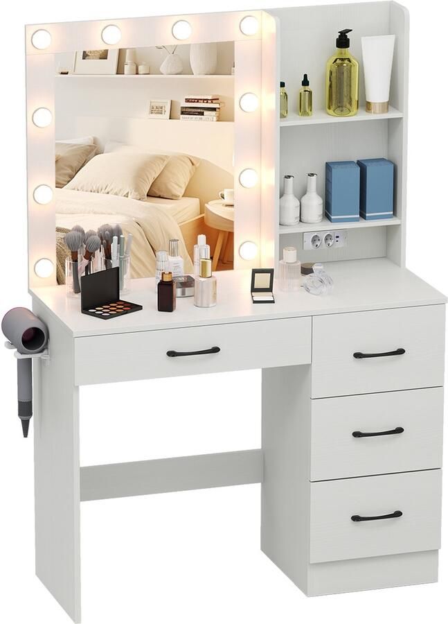 Costway Make-uptafel met ledverlichting 3 kleuren met instelbare helderheid kaptafel met laadstation spiegel laden open planken en haardrogerhouder cosmeticatafel wit