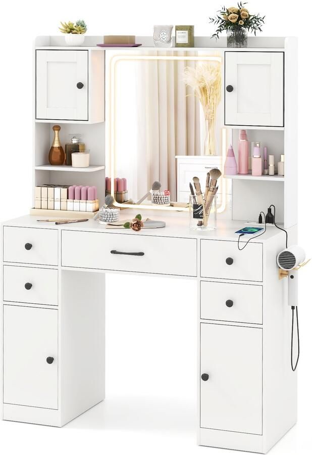 Costway Make-uptafel met ledverlichting 3 kleuren met instelbare helderheid kaptafel met laadstation open legplanken laden en kasten make-uptafel met spiegel wit