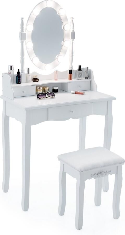 Costway Make-uptafel met ledverlichting instelbare helderheid kaptafel met 3 laden kruk en 360° draaibare spiegel make-uptafel voor slaapkamer