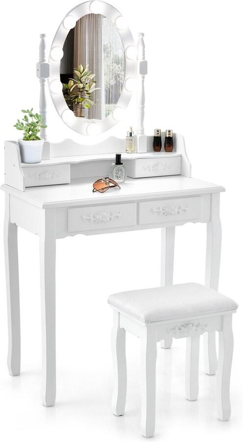 Costway Make-uptafel met ledverlichting instelbare helderheid kaptafel met 4 laden kruk en 360° draaibare spiegel make-uptafel voor slaapkamer
