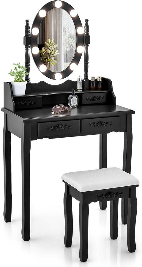 Costway Make-uptafel met ledverlichting instelbare helderheid kaptafel met 4 laden kruk en 360° draaibare spiegel make-uptafel voor slaapkamer