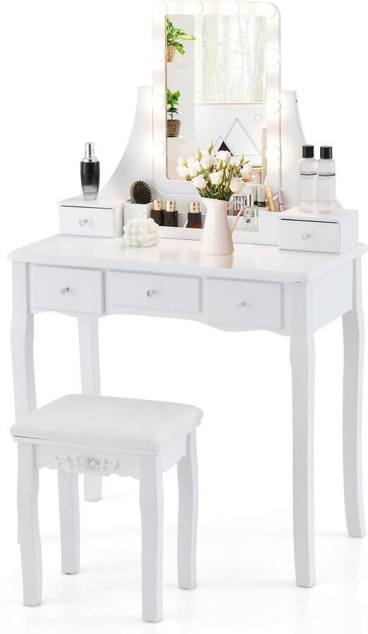 Costway Make-uptafel met ledverlichting instelbare helderheid kaptafel met 5 laden kruk en 360° draaibare spiegel make-uptafel voor slaapkamer