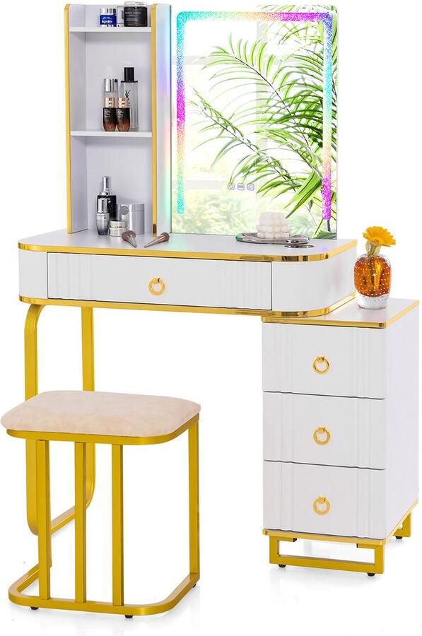 Costway Make-uptafel met ledverlichting kaptafel met 7 dynamische en 7 statische dimbare ledlampen draadloos laadstation USB-poort en 4 laden make-uptafel met kruk wit