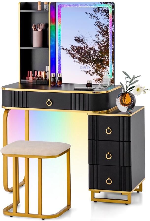 Costway Make-uptafel met ledverlichting kaptafel met 7 dynamische en 7 statische dimbare ledlampen draadloos laadstation USB-poort en 4 laden make-uptafel met kruk