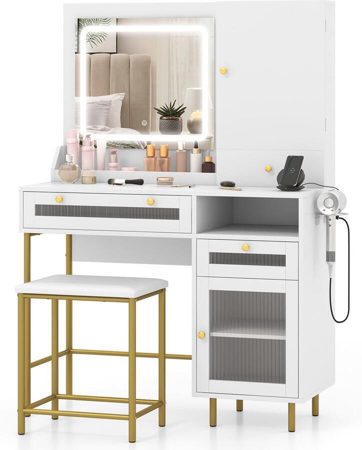 Costway Make-uptafel met ledverlichting kaptafel met laadstation sieradenkast kruk spiegel 3 laden kast & haardrogerhouder cosmeticatafel wit