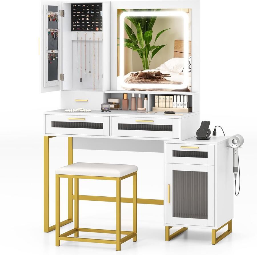Costway Make-uptafel met ledverlichting kaptafel met laadstation sieradenkast kruk spiegel laden kast open vakken en haardrogerhouder cosmeticatafel wit