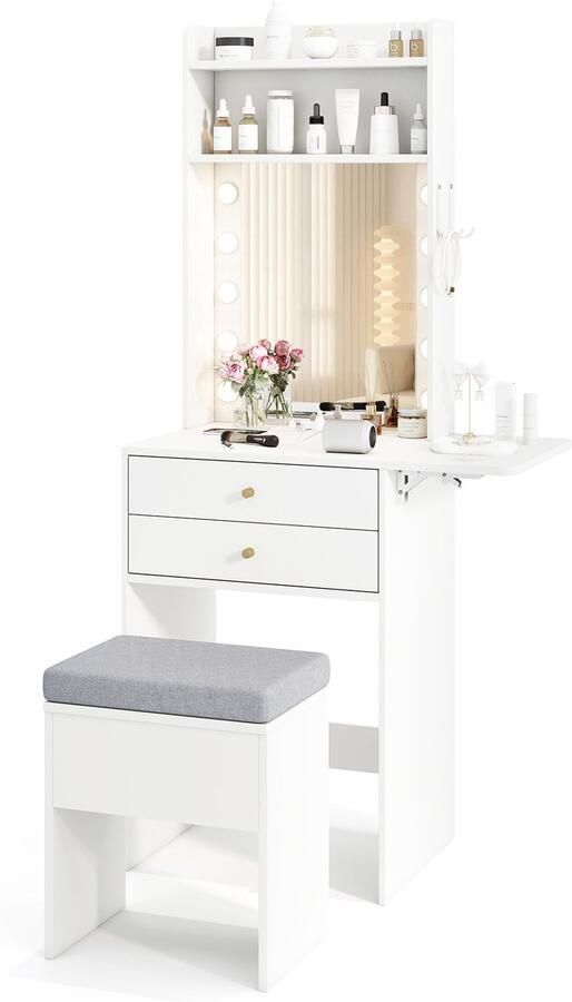 Costway Make-uptafel met verlichting kaptafel met laadstation spiegel laden planken en inklapbaar tafelblad kruk met opbergruimte make-uptafel voor kleine ruimtes wit