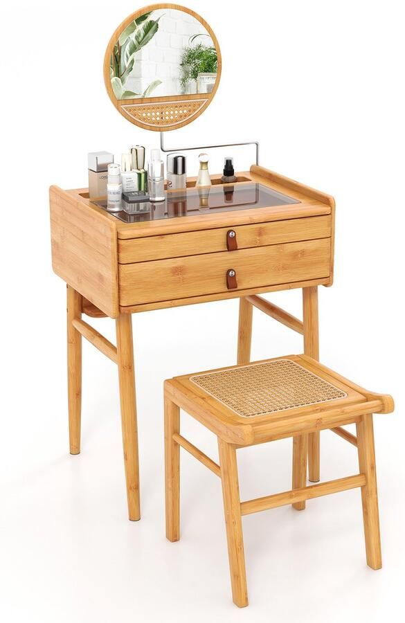 Costway Make-uptafel van bamboe make-uptafel met verstelbare spiegel 2 laden en glazen tafelblad make-uptafel kaptafel voor slaapkamer natuur 60 x 46 5 x 125 cm