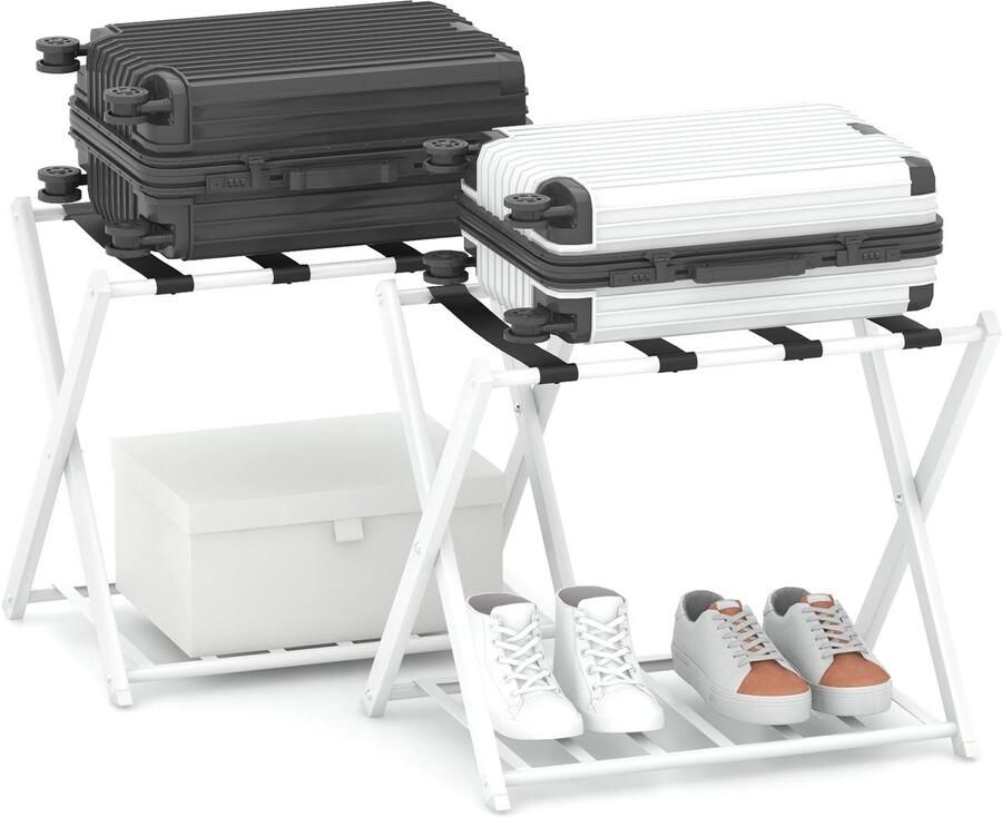 Costway Metalen opvouwbare bagagerek set van 2 kofferstandaarden met 2 verdiepingen kofferbok voor slaapkamer logeerkamer hotel wit