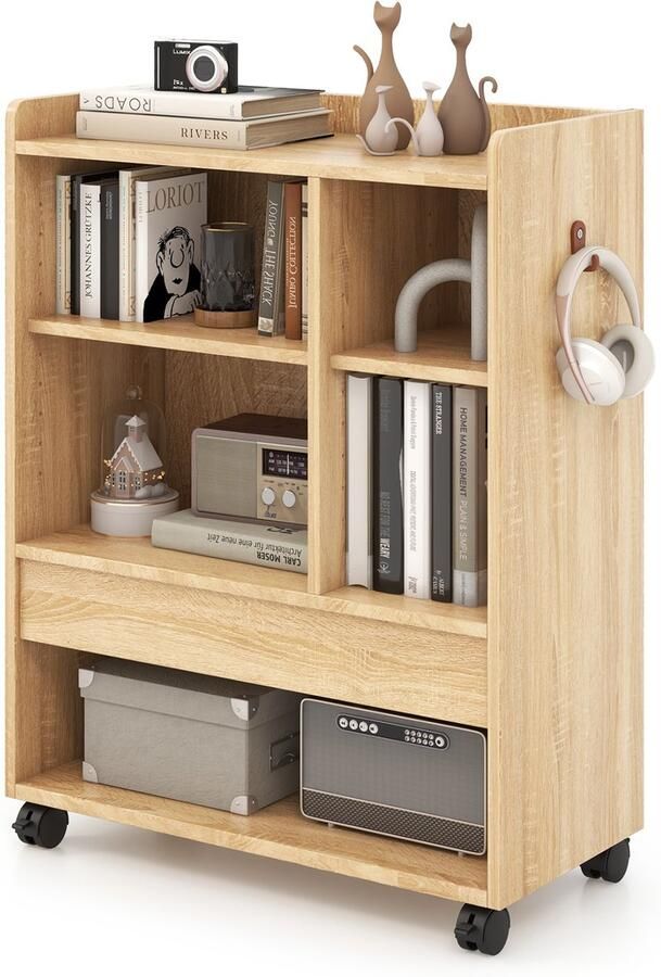Costway mobiele rolcontainer met lade bureaukast met verstelbare planken open vakken en haken archiefkast op wielen voor woonkamer werkkamer kantoor (natuur)