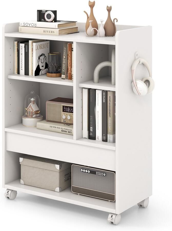 Costway mobiele rolcontainer met lade bureaukast met verstelbare planken open vakken en haken archiefkast op wielen voor woonkamer werkkamer kantoor (wit)