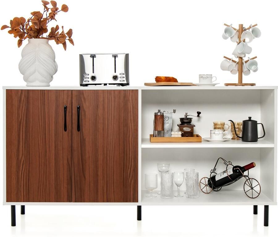 Costway Modern Buffetkast Credenza Kast met Open Deuren en Compartimenten Keuken Kast met Metalen Poten Barkast voor Keuken Eetkamer Woonkamer
