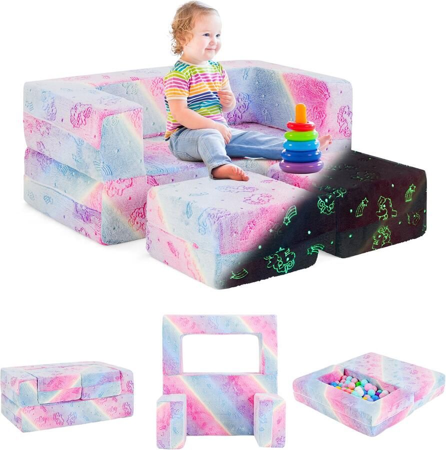 Costway Modulaire kinderbank lichtgevende speelbank modulaire bank met afneembare en machinewasbare flanellen hoes peuterbank voor speelkamer en kinderkamer - Foto 2