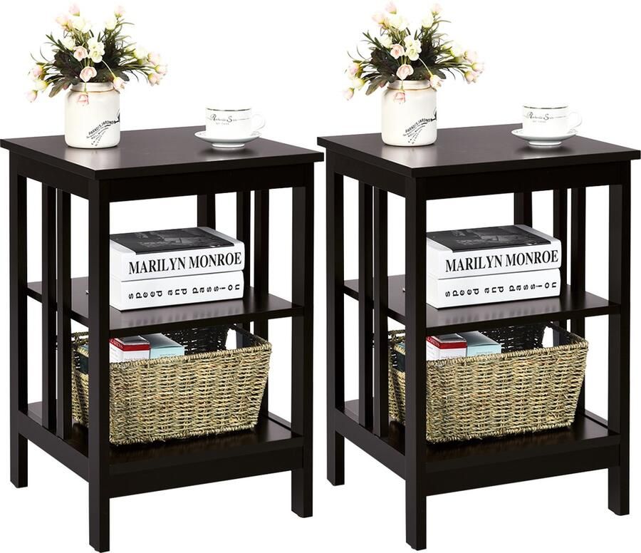 Costway Nachtkastje 3 niveaus set van 2 bijzettafel nachtkastje salontafel voor slaapkamer woonkamer 40 x 40 x 61 cm (II-vormig bruin)