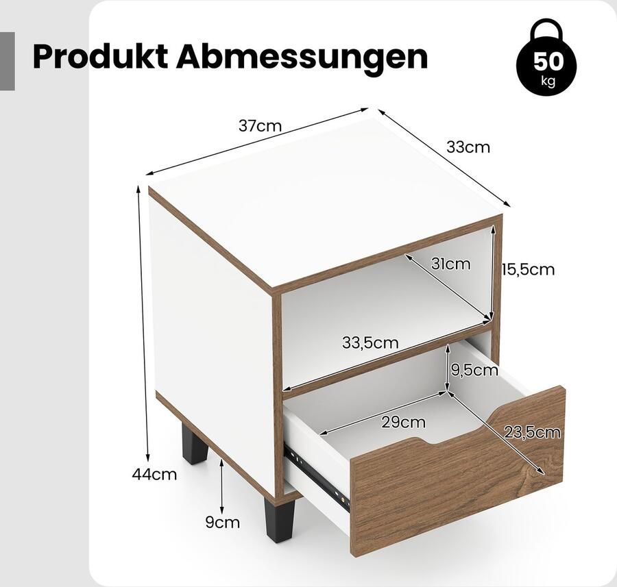 Costway Nachtkastje kleine bijzettafel met open vak en lade salontafel met metalen steunpoten nachtkastje voor slaapkamer woonkamer 37 x 33 x 44 cm