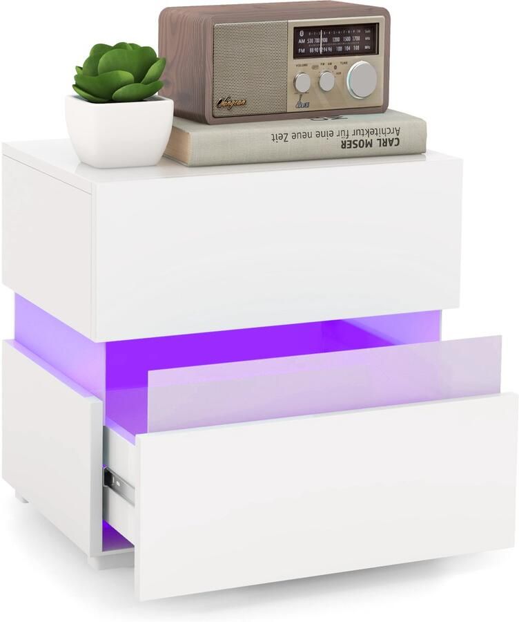 Costway Nachtkastje LED-nachtkastje hoogglans nachtkastje met 2 laden incl. afstandsbediening dynamisch en statisch verlicht modern 45 x 35 x 45 cm (wit)