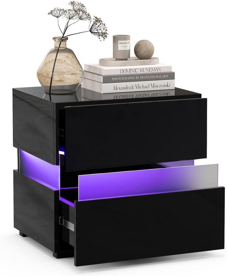 Costway Nachtkastje led-nachtkastje hoogglans nachtkastje met 2 laden incl. afstandsbediening dynamisch en statisch verlicht modern 45 x 35 x 45 cm (zwart)