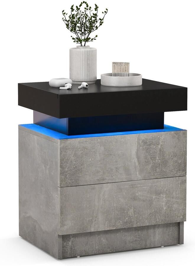 Costway Nachtkastje LED nachtkastje met 2 laden nachtkastje dynamisch & statisch verlicht incl. afstandsbediening modern 45 x 35 x 52 cm grijs